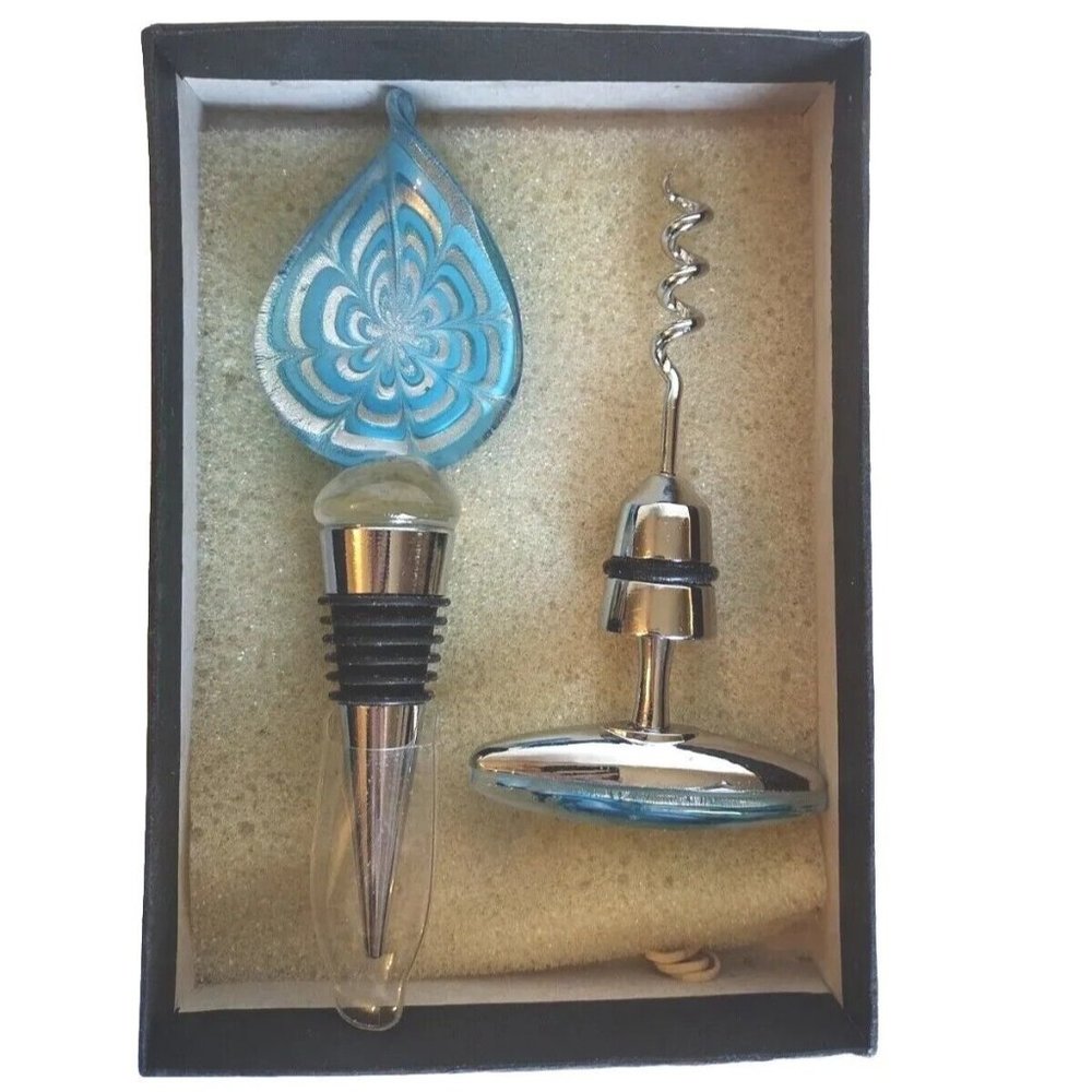 Murano Blown Glass Wine Opener Crystal Turquoise Stoppers New In Box
